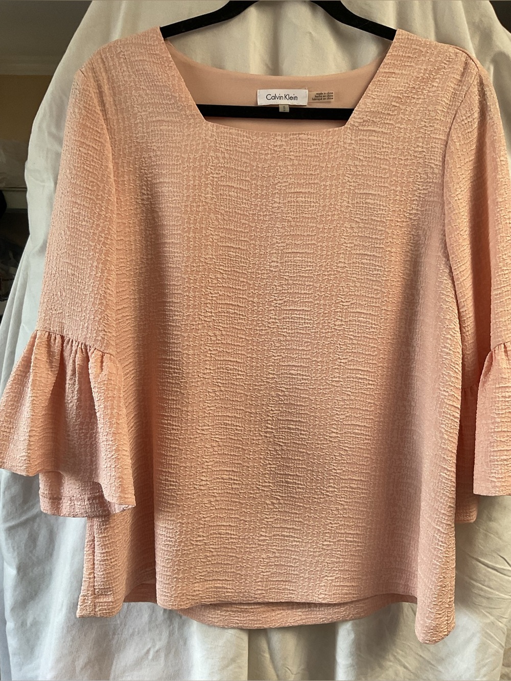 Calvin Klein Peach Textured Square-Neck Ruffle Sleeve Blouse